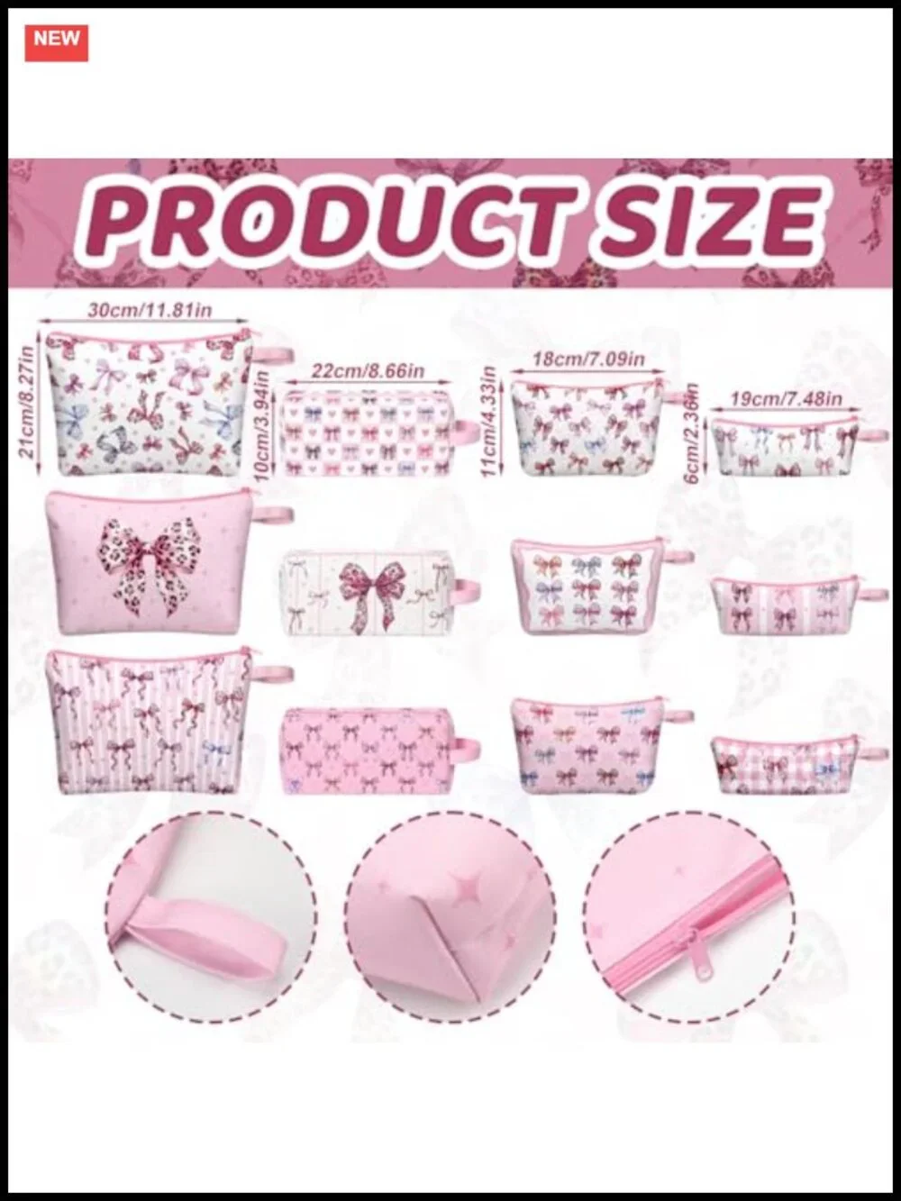 12pc Bow Makeup Bag Set Cosmetic Travel Toiletry Pouches Wristlet Zipper